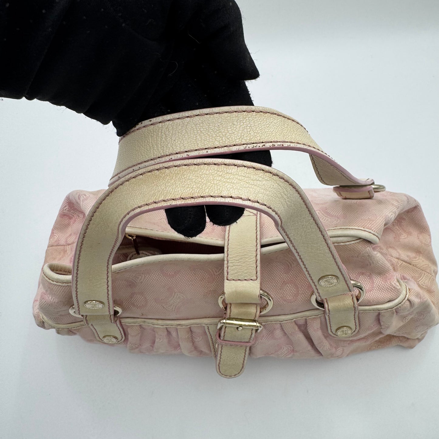 Celine Paris Pink C Macadam Canvas and White Leather Handbag