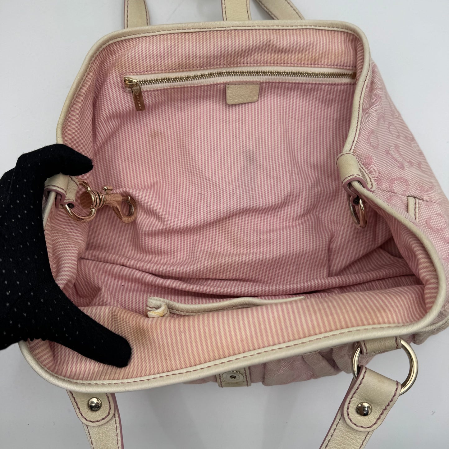 Celine Paris Pink C Macadam Canvas and White Leather Handbag