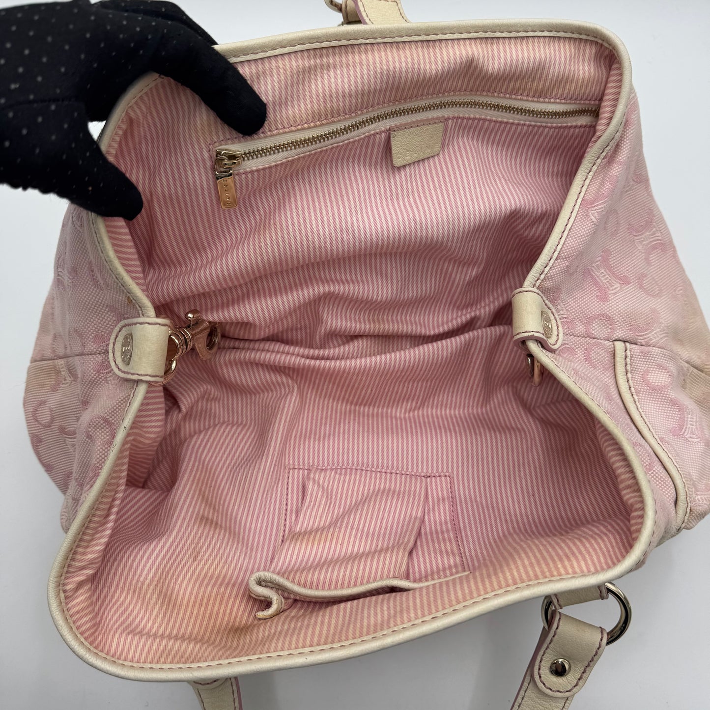 Celine Paris Pink C Macadam Canvas and White Leather Handbag