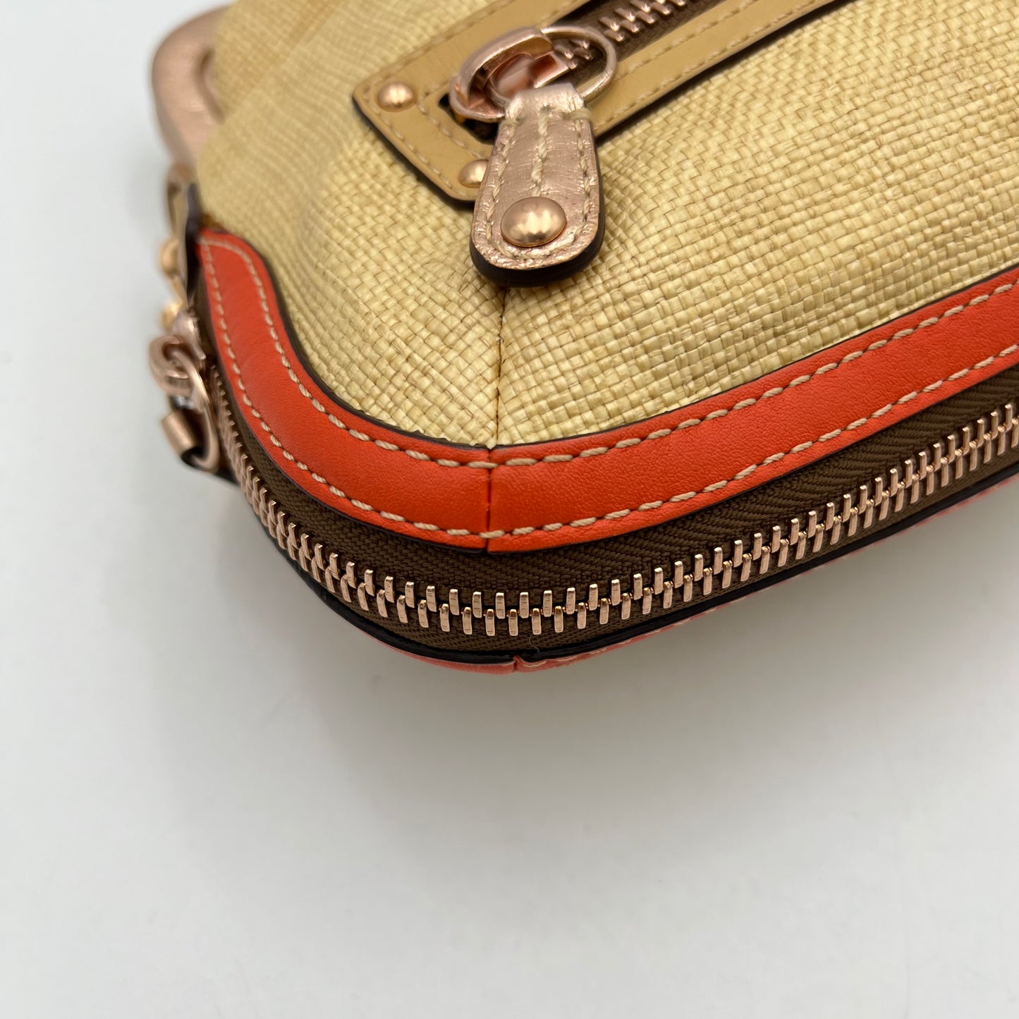 Coach Woven Straw Orange Leather Foldover Kisslock Bonnie Shoulder Bag