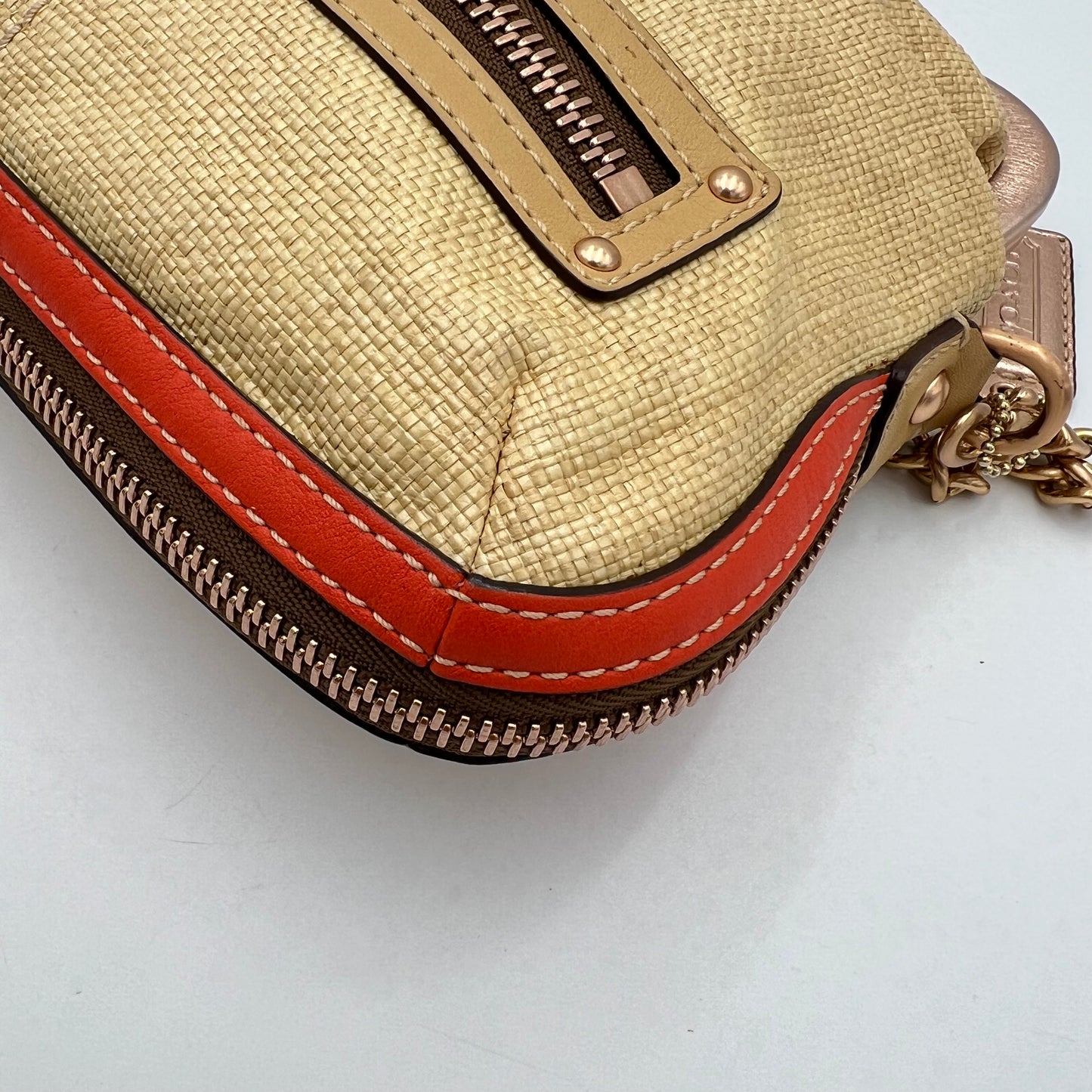 Coach Woven Straw Orange Leather Foldover Kisslock Bonnie Shoulder Bag