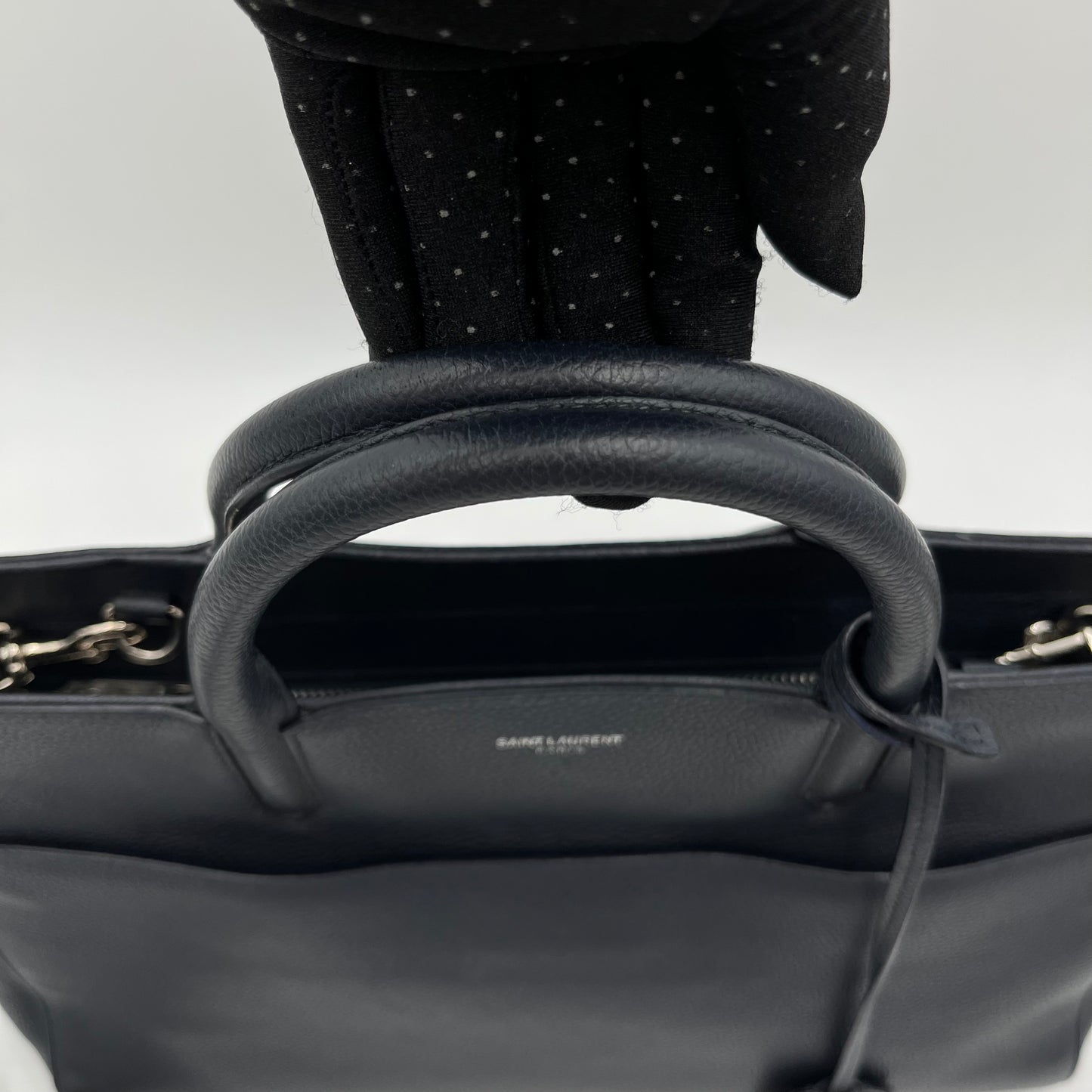 YSL Navy Blue Leather Rive Gauche Cabas Small Tote