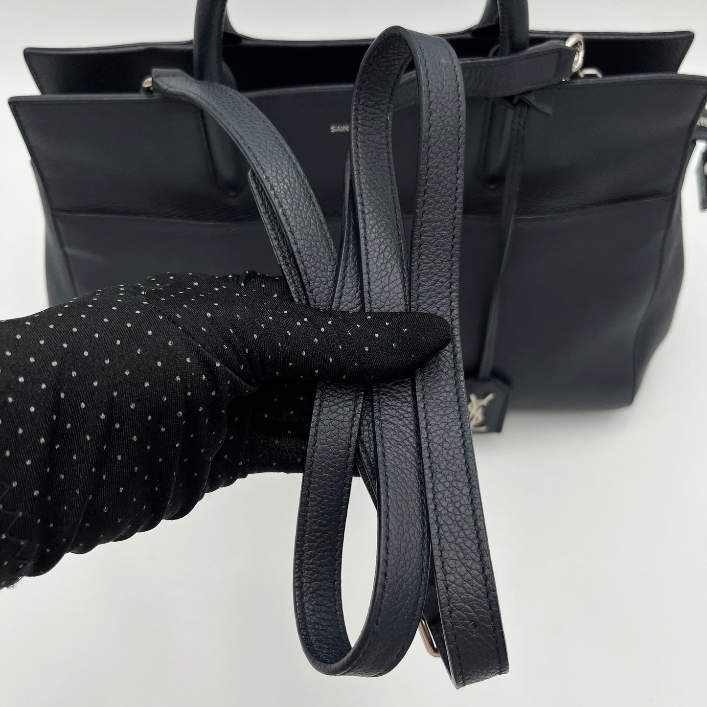 YSL Navy Blue Leather Rive Gauche Cabas Small Tote