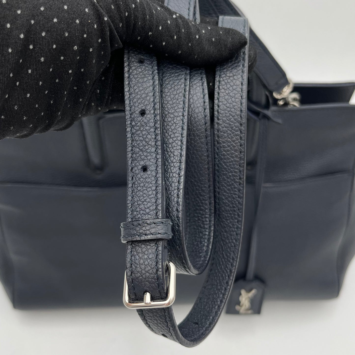 YSL Navy Blue Leather Rive Gauche Cabas Small Tote