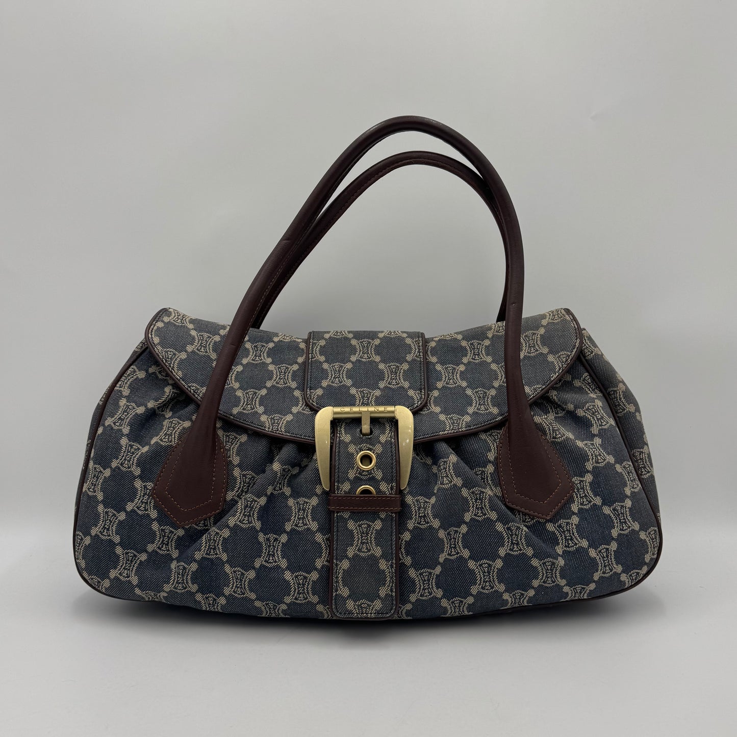 Celine Paris Macadam Denim and Brown Leather Large Shoulder Bag