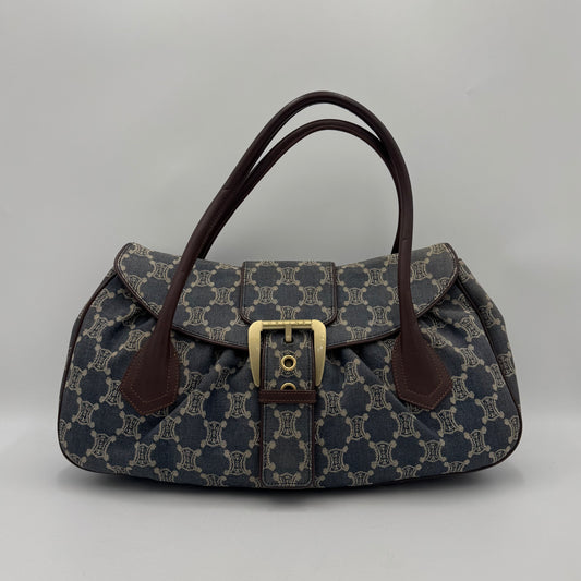 Celine Paris Macadam Denim and Brown Leather Large Shoulder Bag
