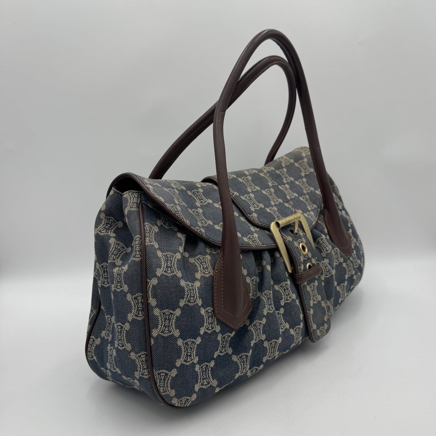 Celine Paris Macadam Denim and Brown Leather Large Shoulder Bag