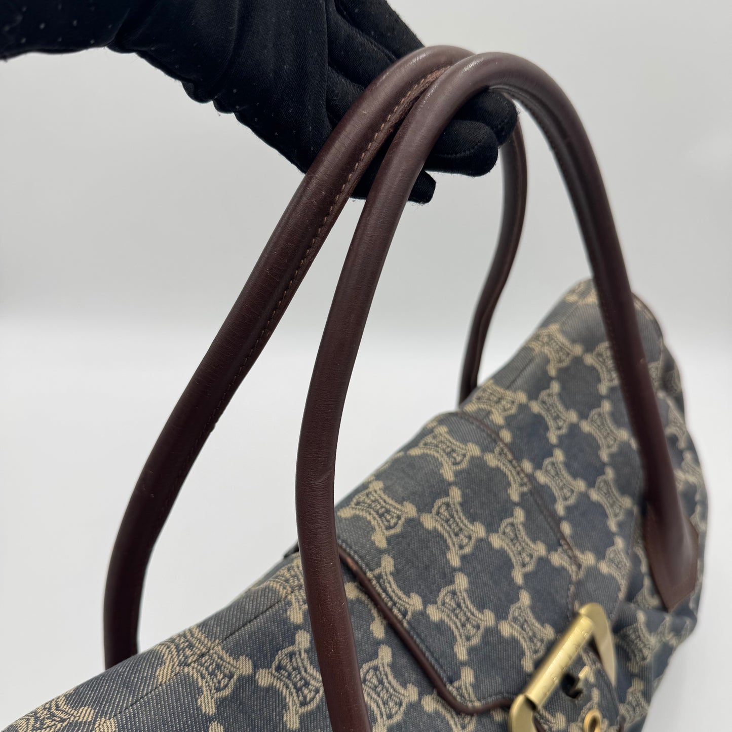 Celine Paris Macadam Denim and Brown Leather Large Shoulder Bag