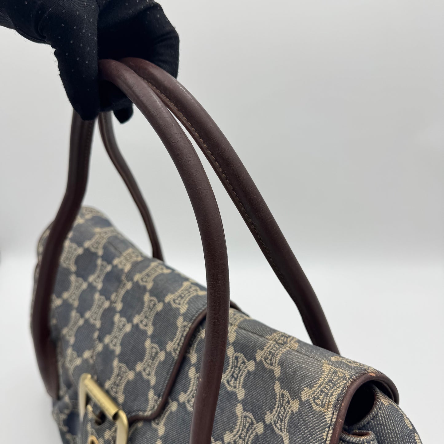 Celine Paris Macadam Denim and Brown Leather Large Shoulder Bag