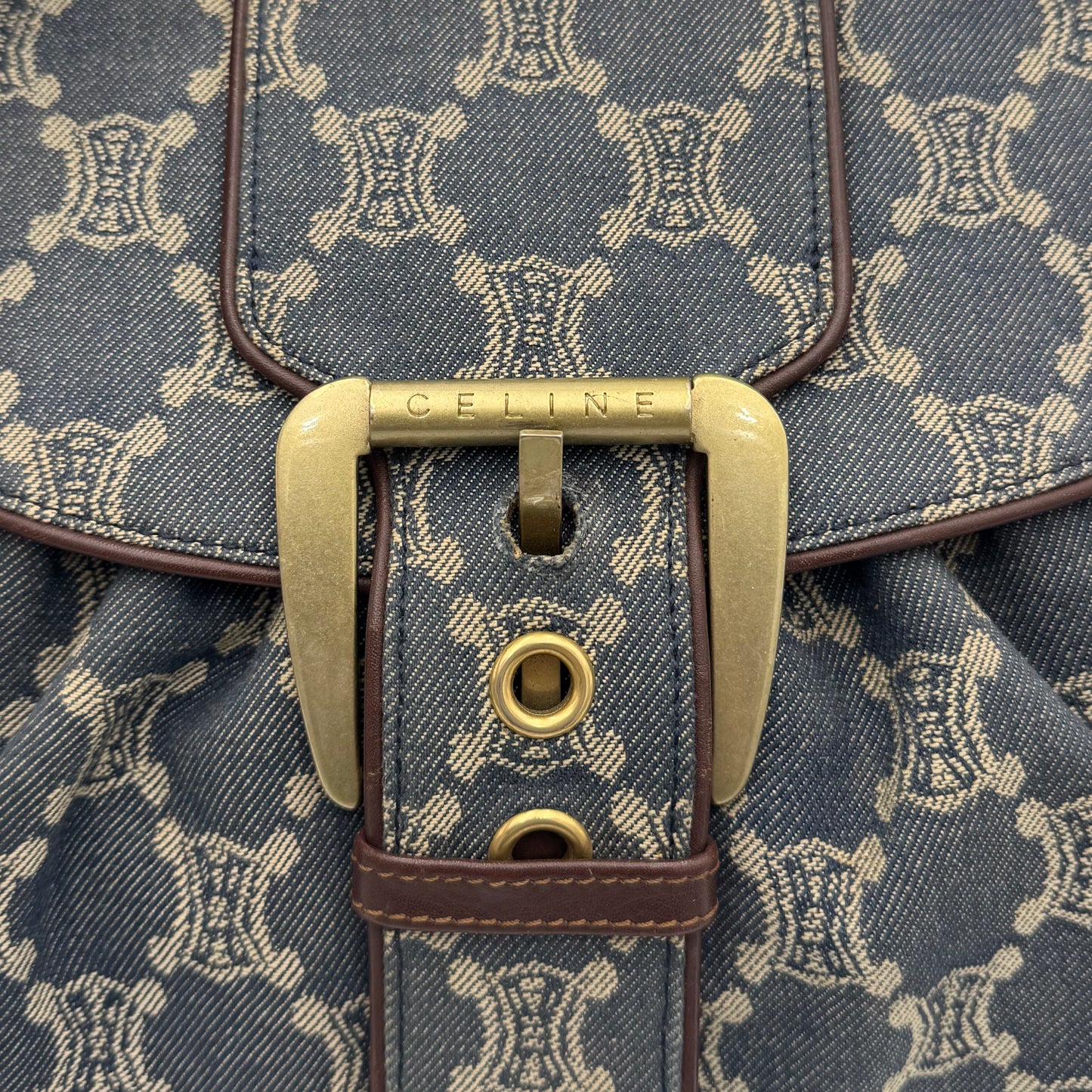 Celine Paris Macadam Denim and Brown Leather Large Shoulder Bag
