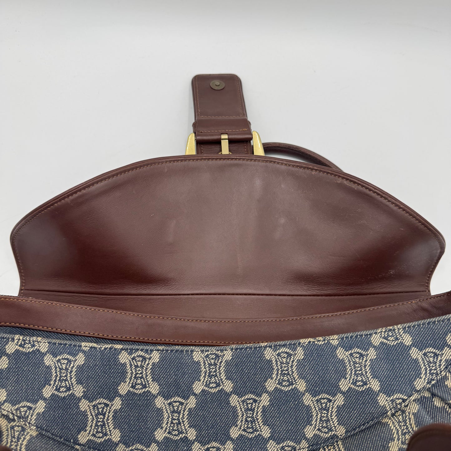 Celine Paris Macadam Denim and Brown Leather Large Shoulder Bag