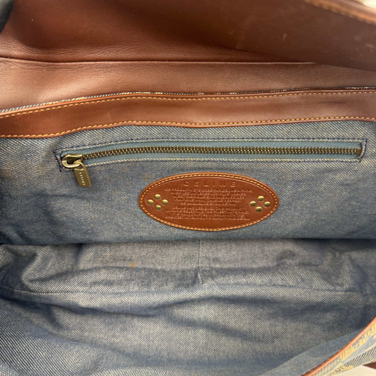 Celine Paris Macadam Denim and Brown Leather Large Shoulder Bag