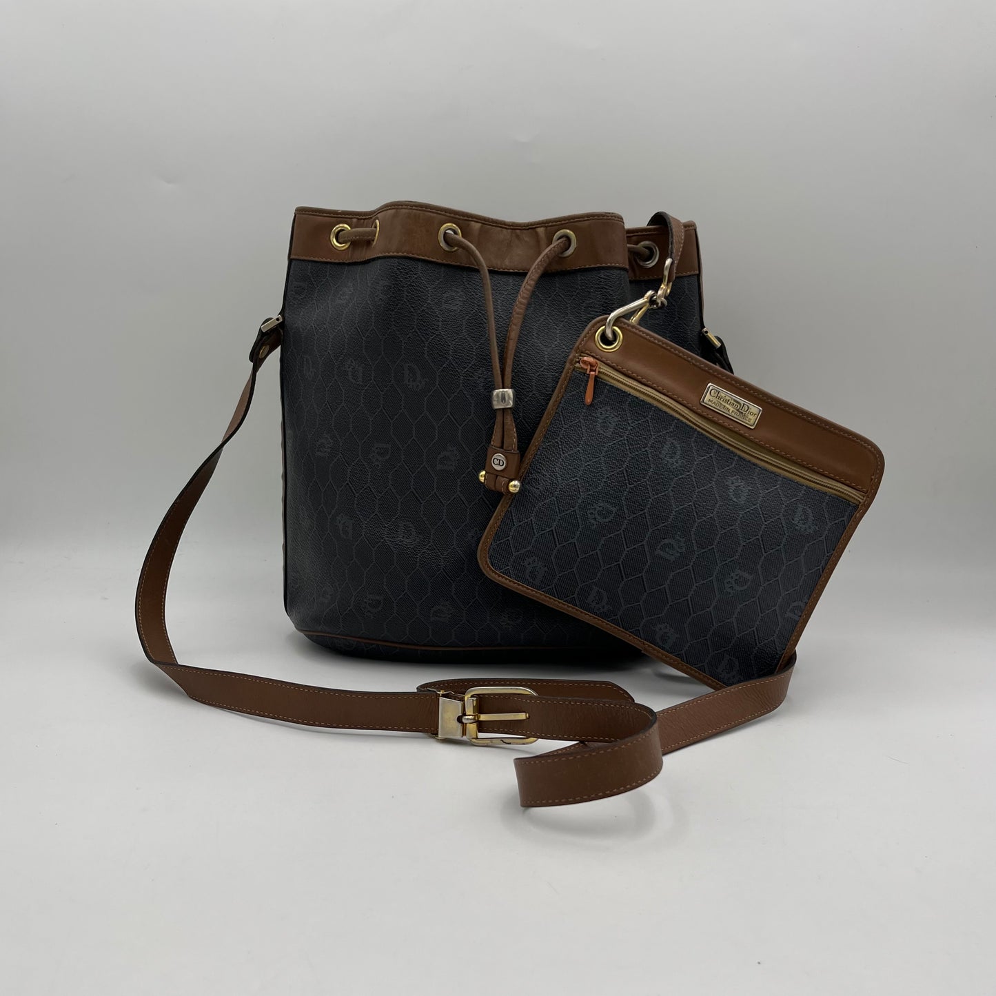 Christian Dior Dark Honeycomb Bucket Crossbody with Pouch