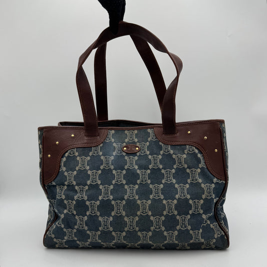 Celine Paris Macadam Denim and Brown Leather Tote Bag
