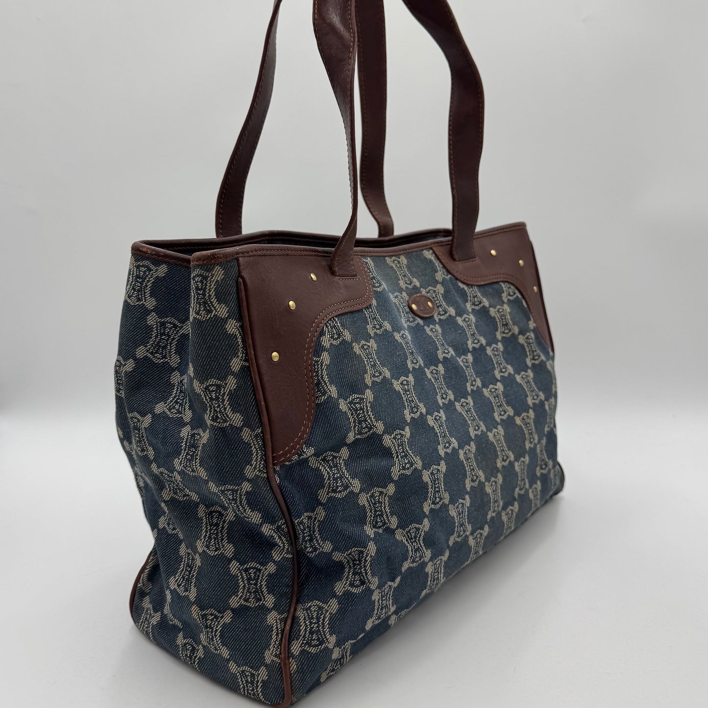 Celine Paris Macadam Denim and Brown Leather Tote Bag