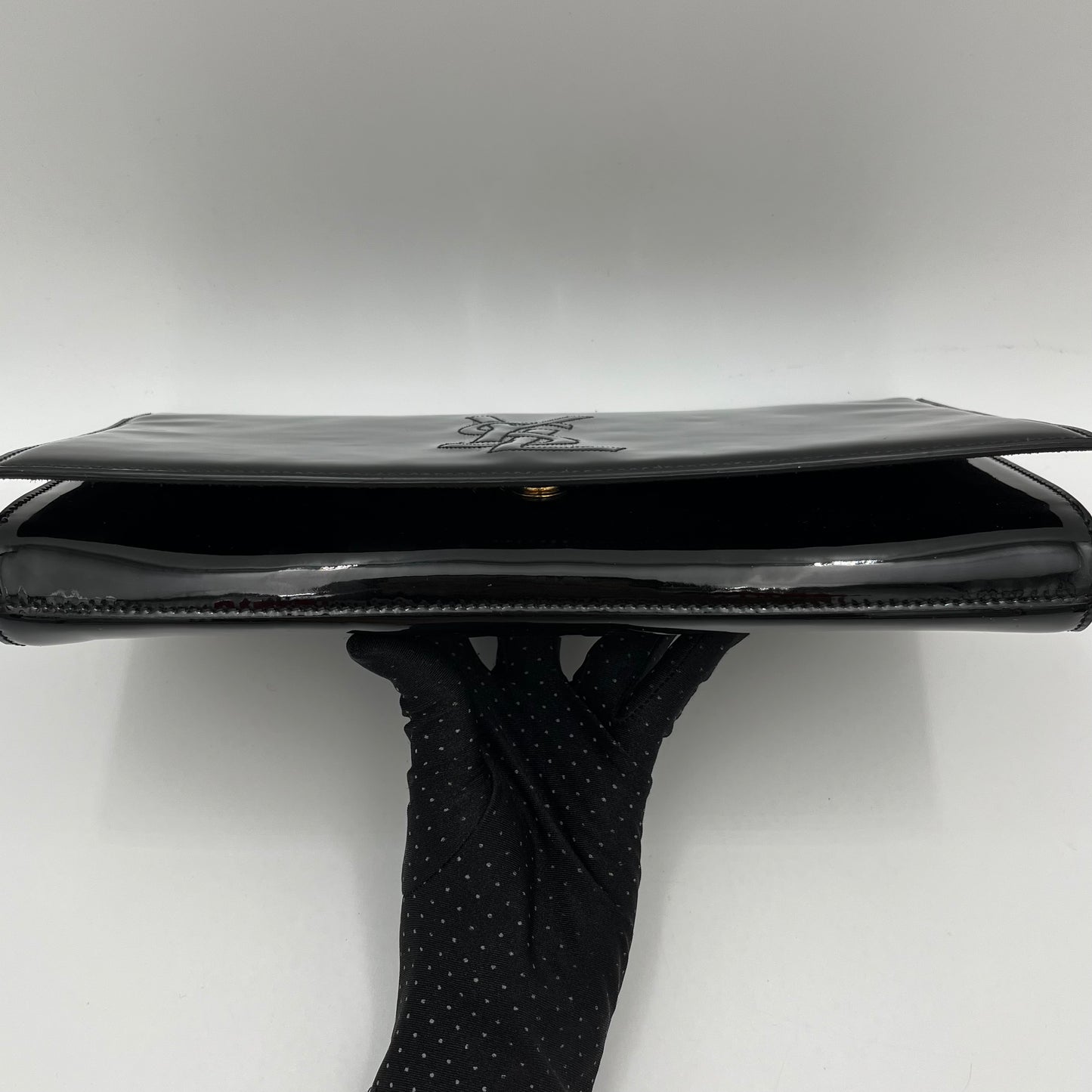YSL Black Patent Leather Large Belle Du Jour Flap Clutch