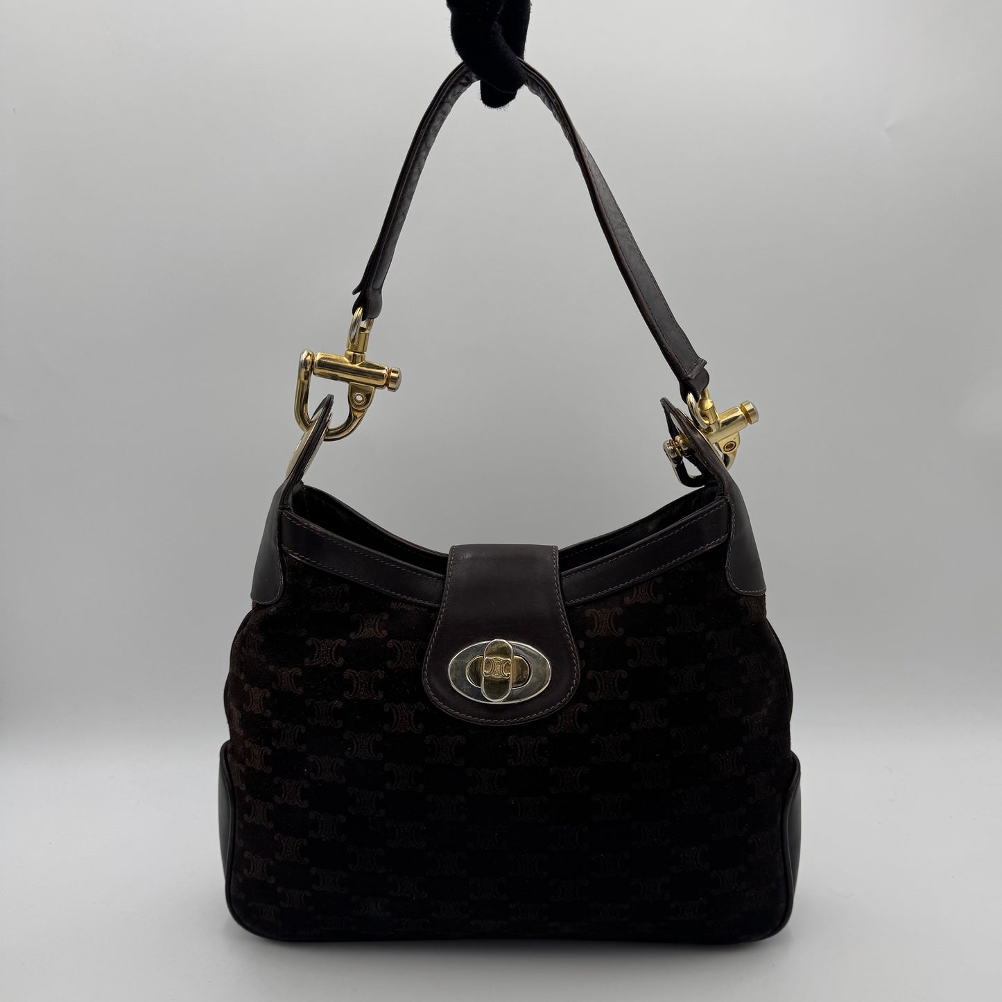 Celine Paris Brown Macadam Triomphe Suede Twist Lock Hobo Shoulder Bag