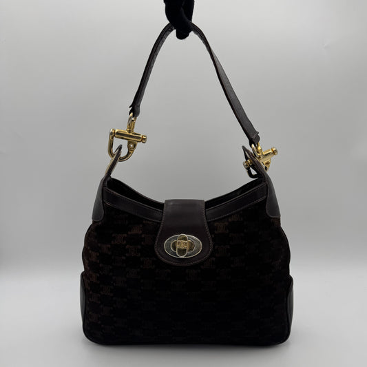 Celine Paris Brown Macadam Triomphe Suede Twist Lock Hobo Shoulder Bag