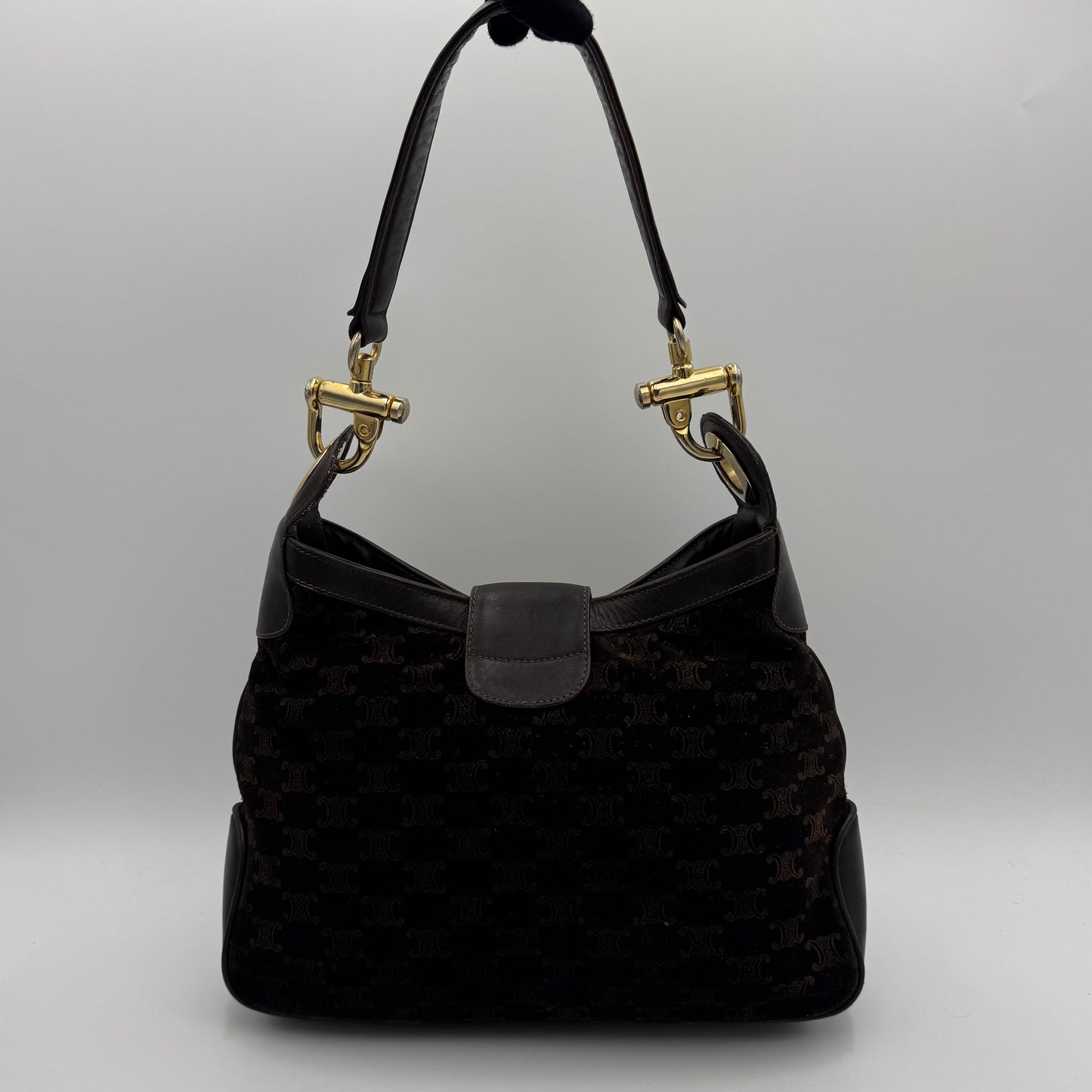 Celine Paris Brown Macadam Triomphe Suede Twist Lock Hobo Shoulder Bag