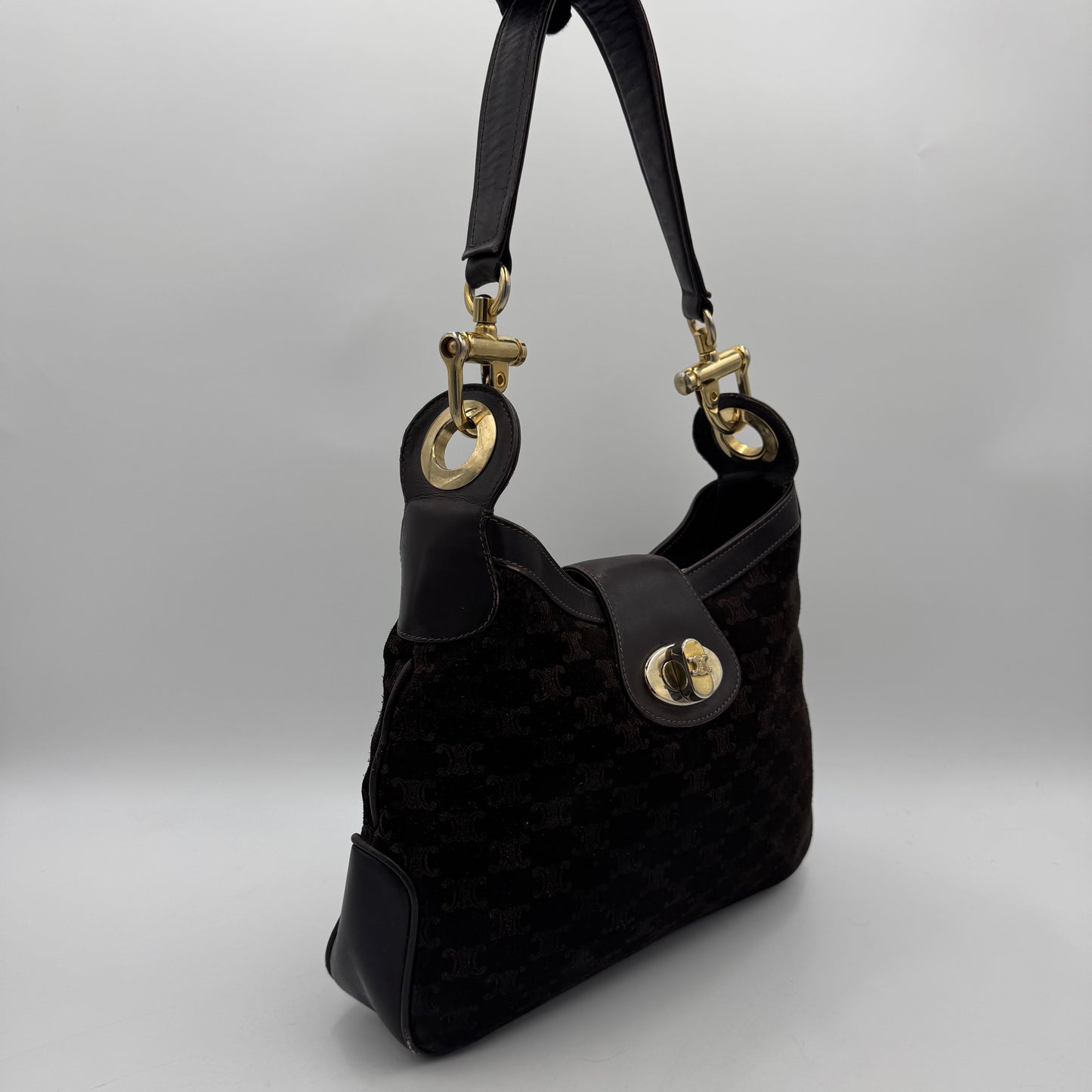 Celine Paris Brown Macadam Triomphe Suede Twist Lock Hobo Shoulder Bag