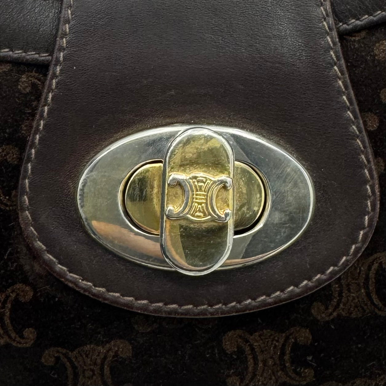 Celine Paris Brown Macadam Triomphe Suede Twist Lock Hobo Shoulder Bag