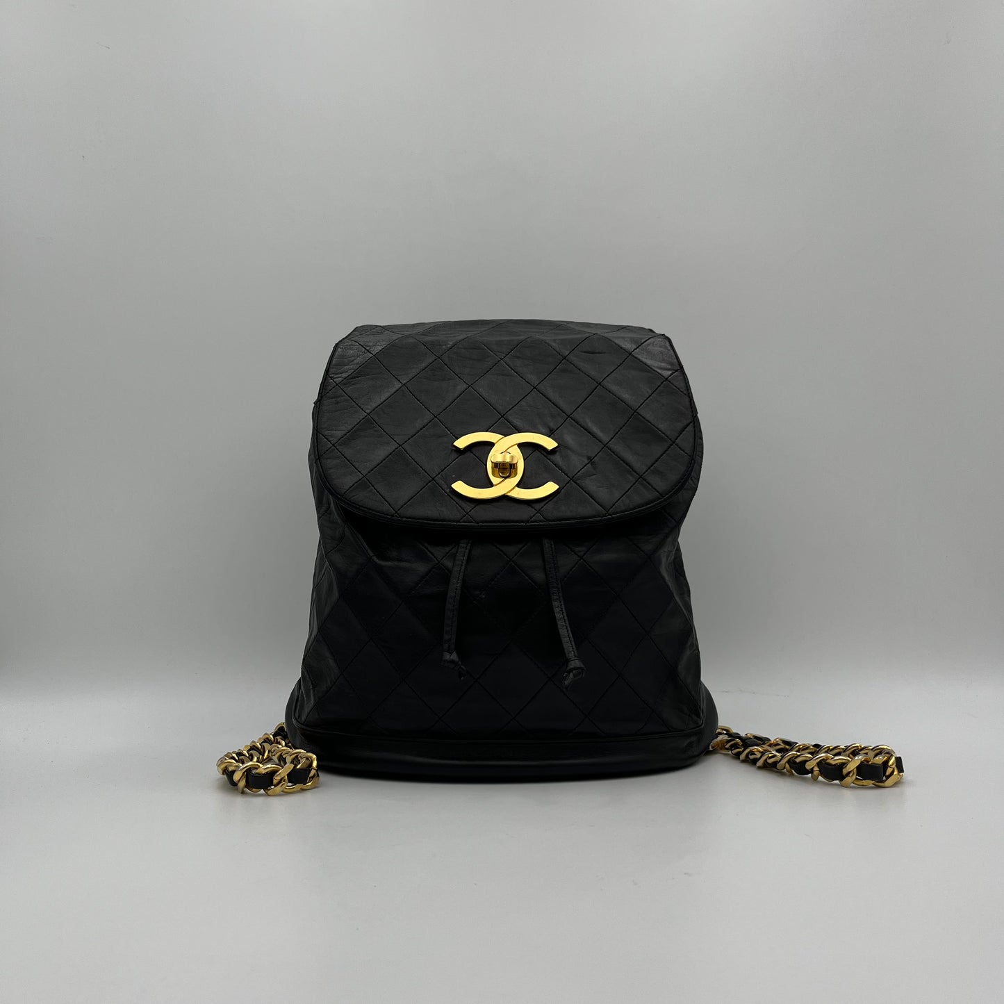 Chanel Vintage Black Quilted Lambskin Turn-Lock Flap Chain Backpack Series 1