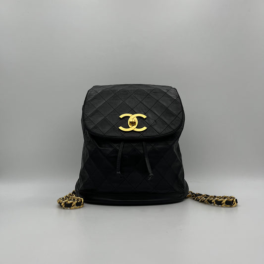 Chanel Vintage Black Quilted Lambskin Turn-Lock Flap Chain Backpack Series 1