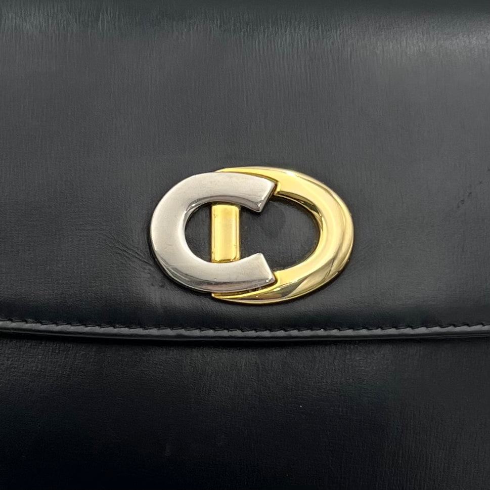 Christian Dior Vintage CD Logo Black Leather Flap Shoulder Bag