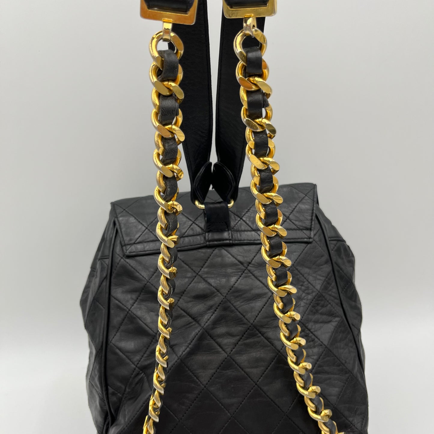 Chanel Vintage Black Quilted Lambskin Turn-Lock Flap Chain Backpack Series 1