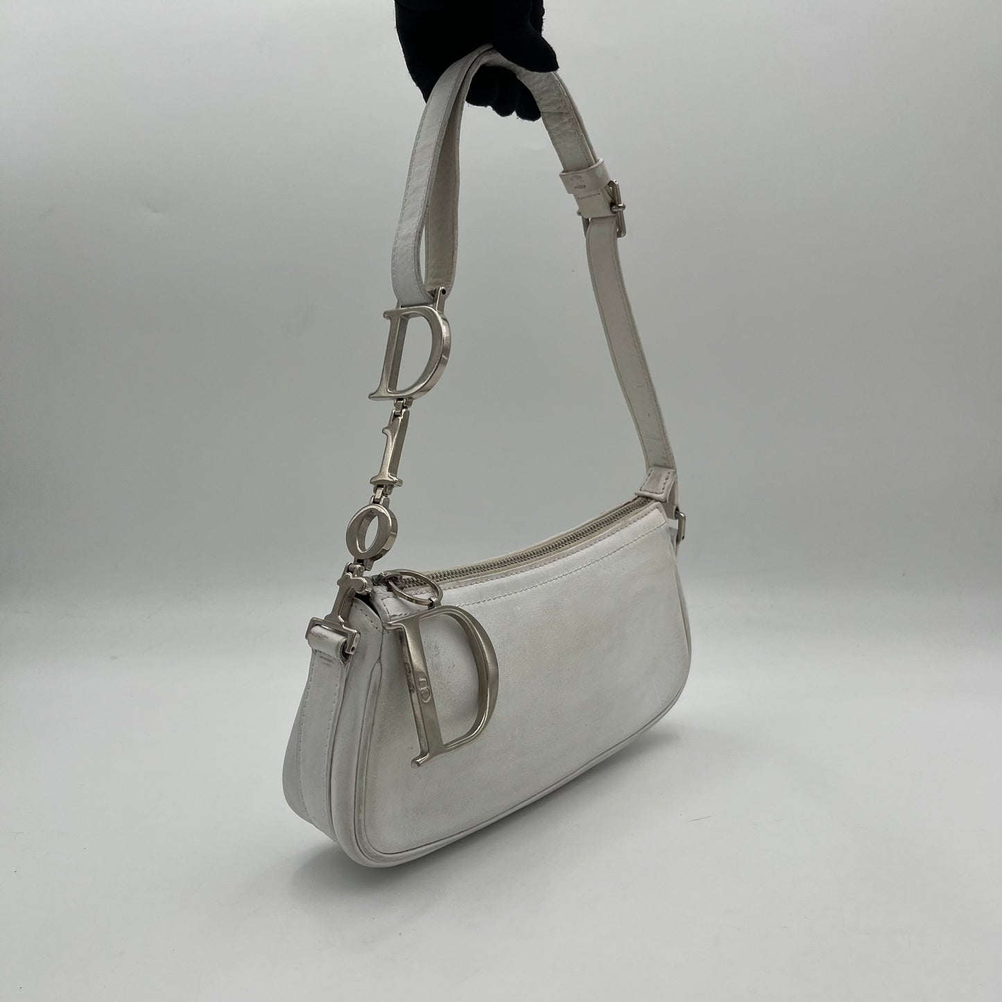 Christian Dior White Leather Logo Charm Pochette