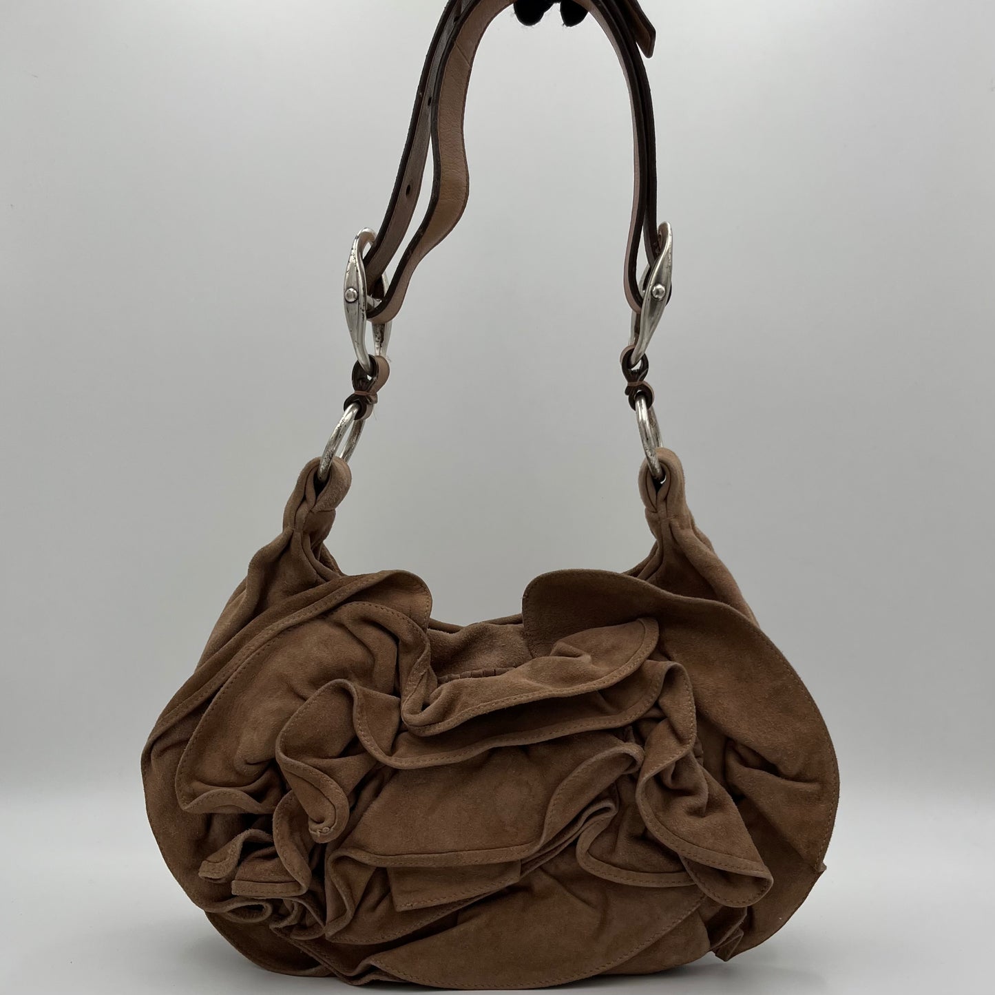 YSL Light Brown Suede Nadja Rose Petal Hobo Bag