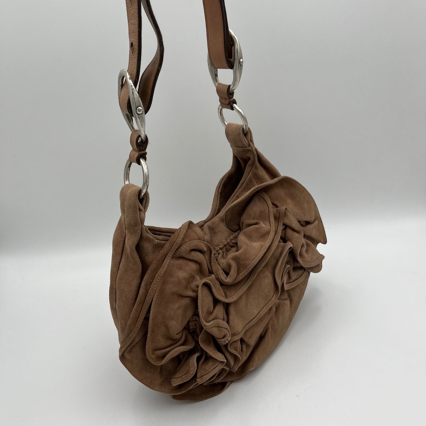YSL Light Brown Suede Nadja Rose Petal Hobo Bag