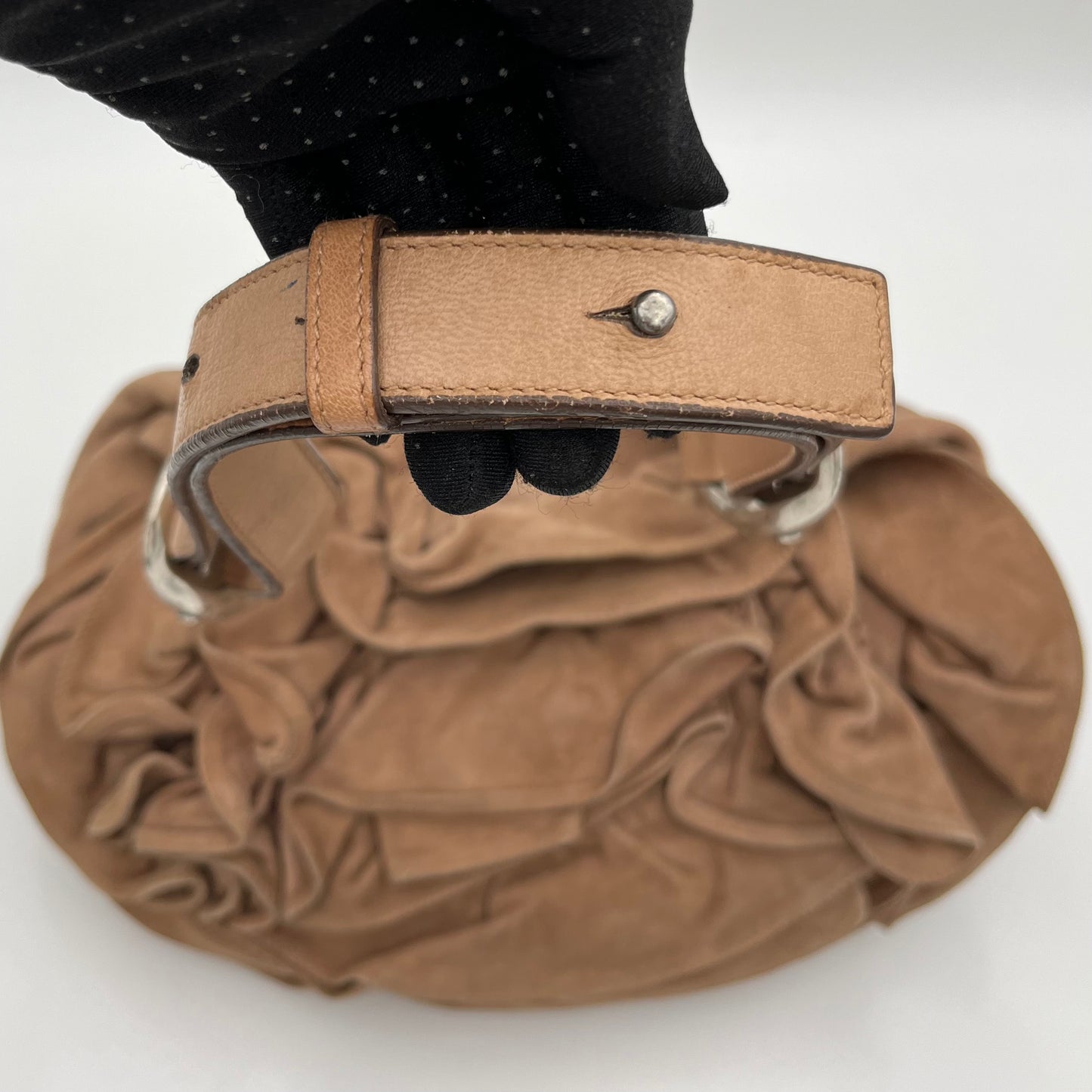 YSL Light Brown Suede Nadja Rose Petal Hobo Bag