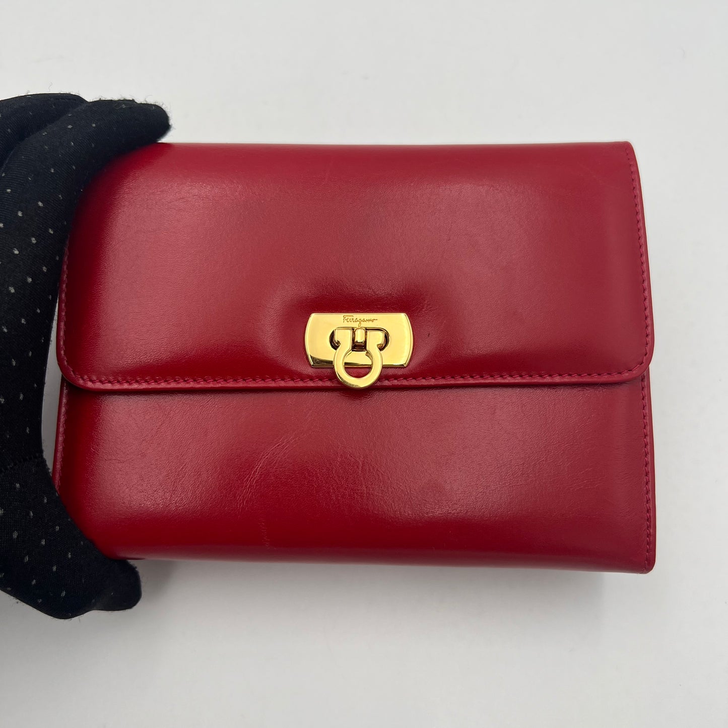 Salvatore Ferragamo Red Leather Gancini Vanity Clutch GHW