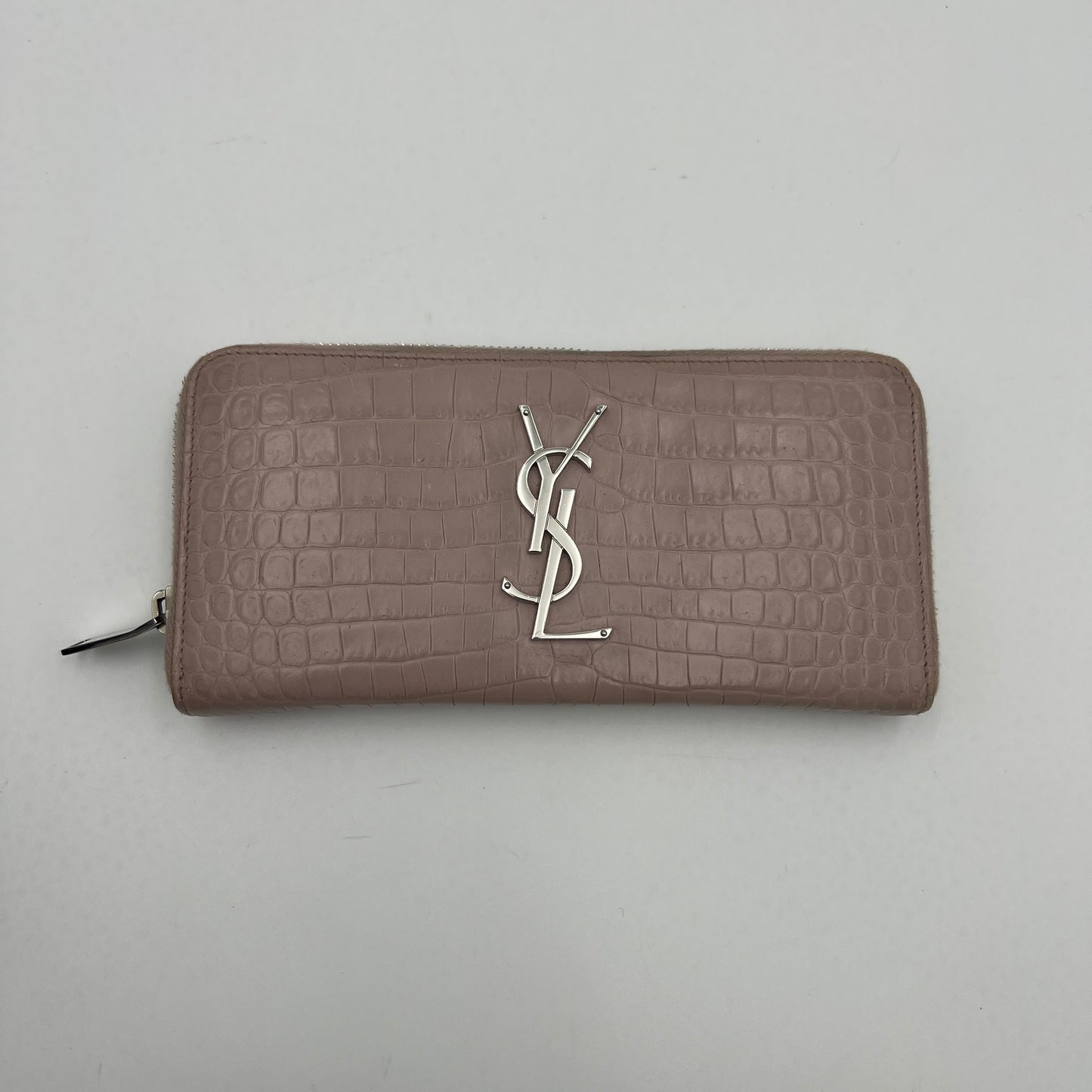 YSL Blush Gray Croc Embossed Cassandre Zip Around Long Wallet