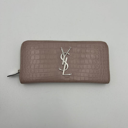 YSL Blush Gray Croc Embossed Cassandre Zip Around Long Wallet