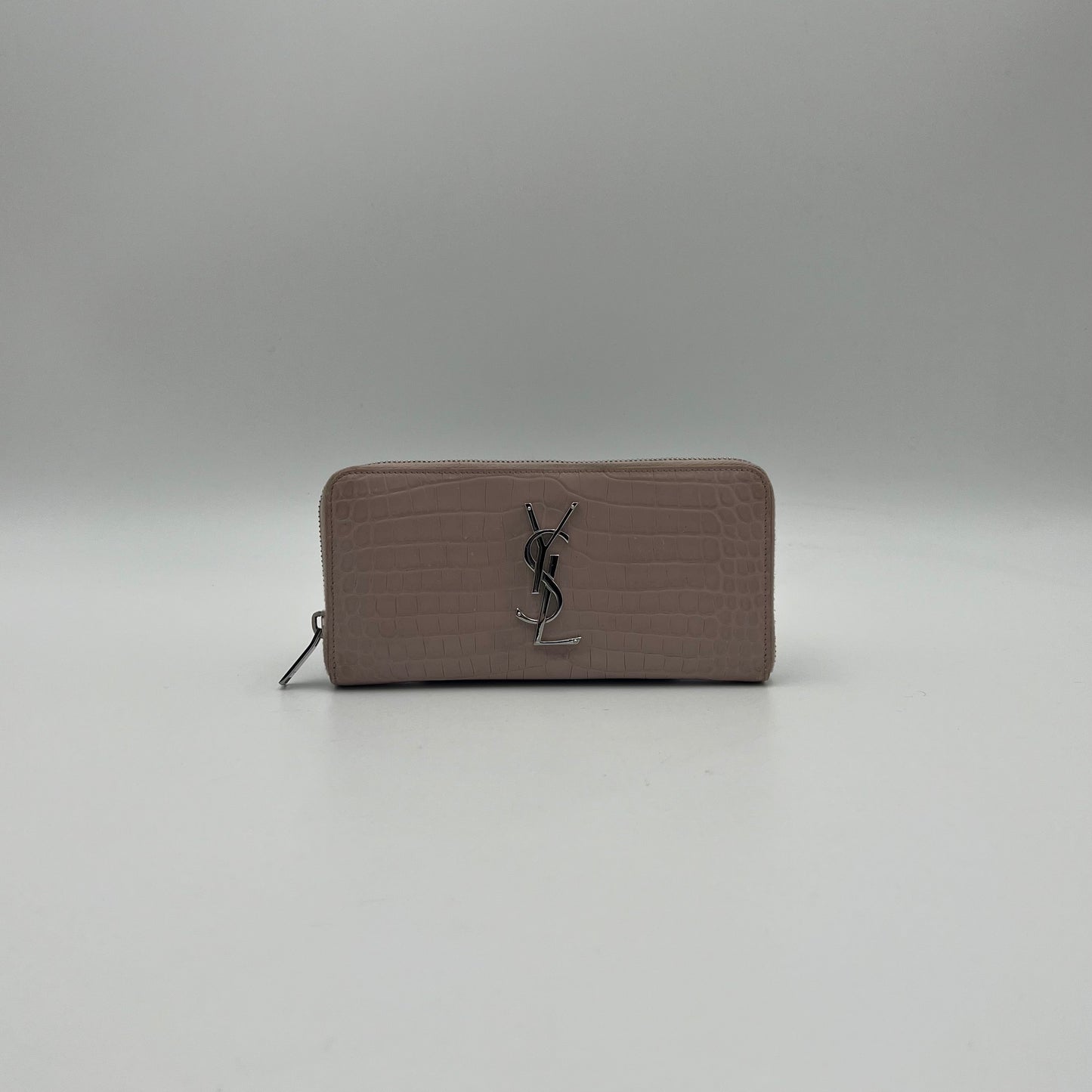 YSL Blush Gray Croc Embossed Cassandre Zip Around Long Wallet