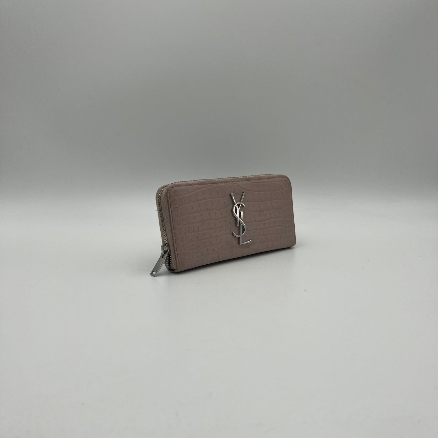 YSL Blush Gray Croc Embossed Cassandre Zip Around Long Wallet