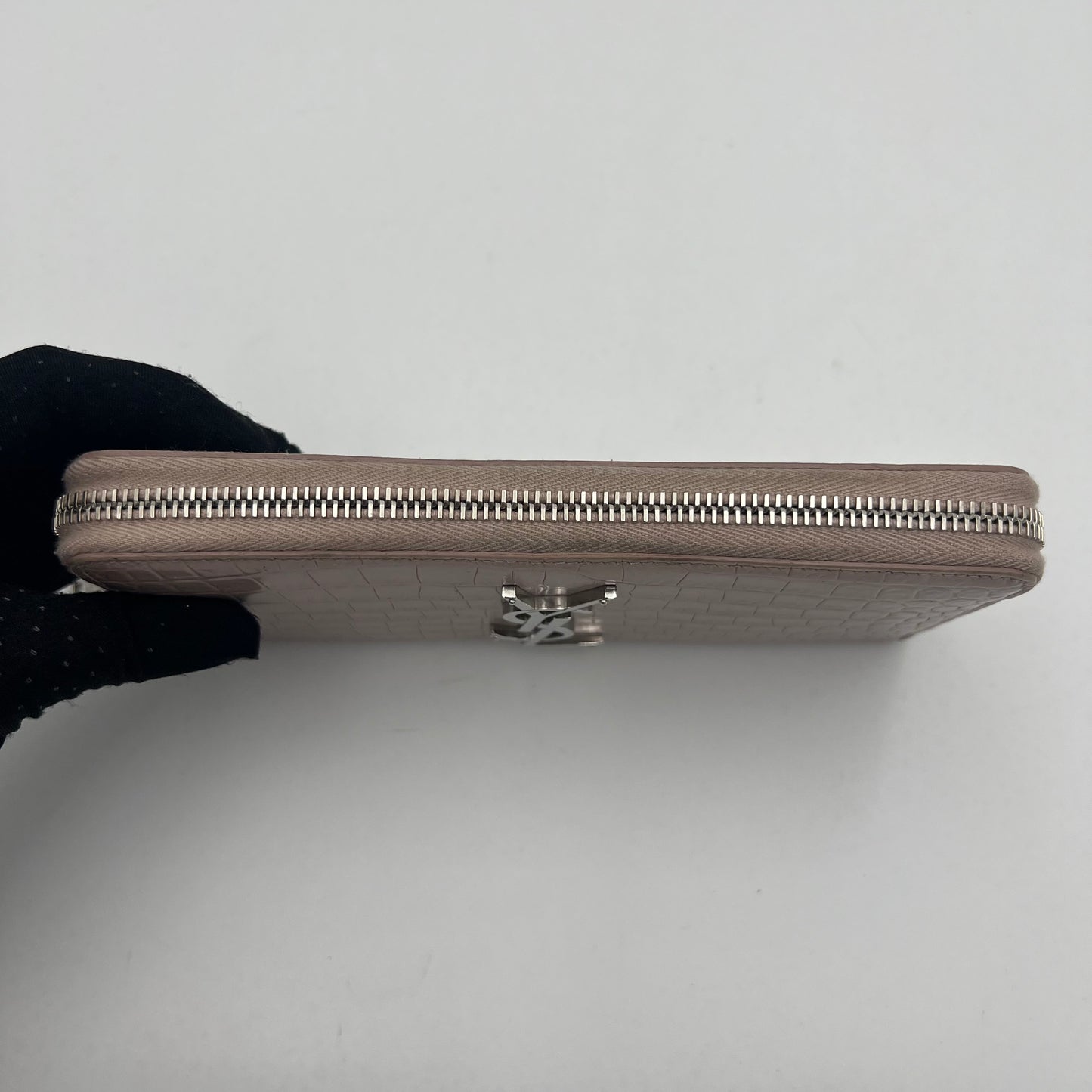 YSL Blush Gray Croc Embossed Cassandre Zip Around Long Wallet