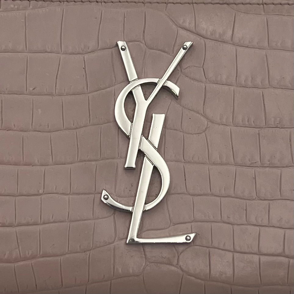 YSL Blush Gray Croc Embossed Cassandre Zip Around Long Wallet