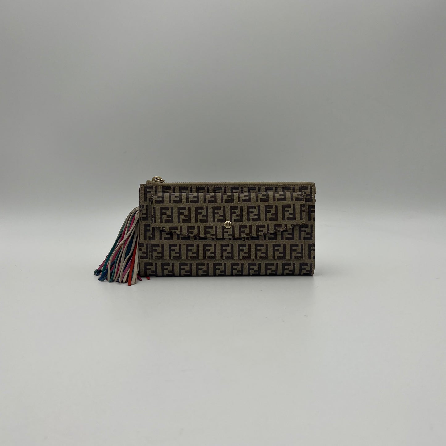 Fendi Brown Zucchino Coated Canvas Multicolor Tassel Long Wallet