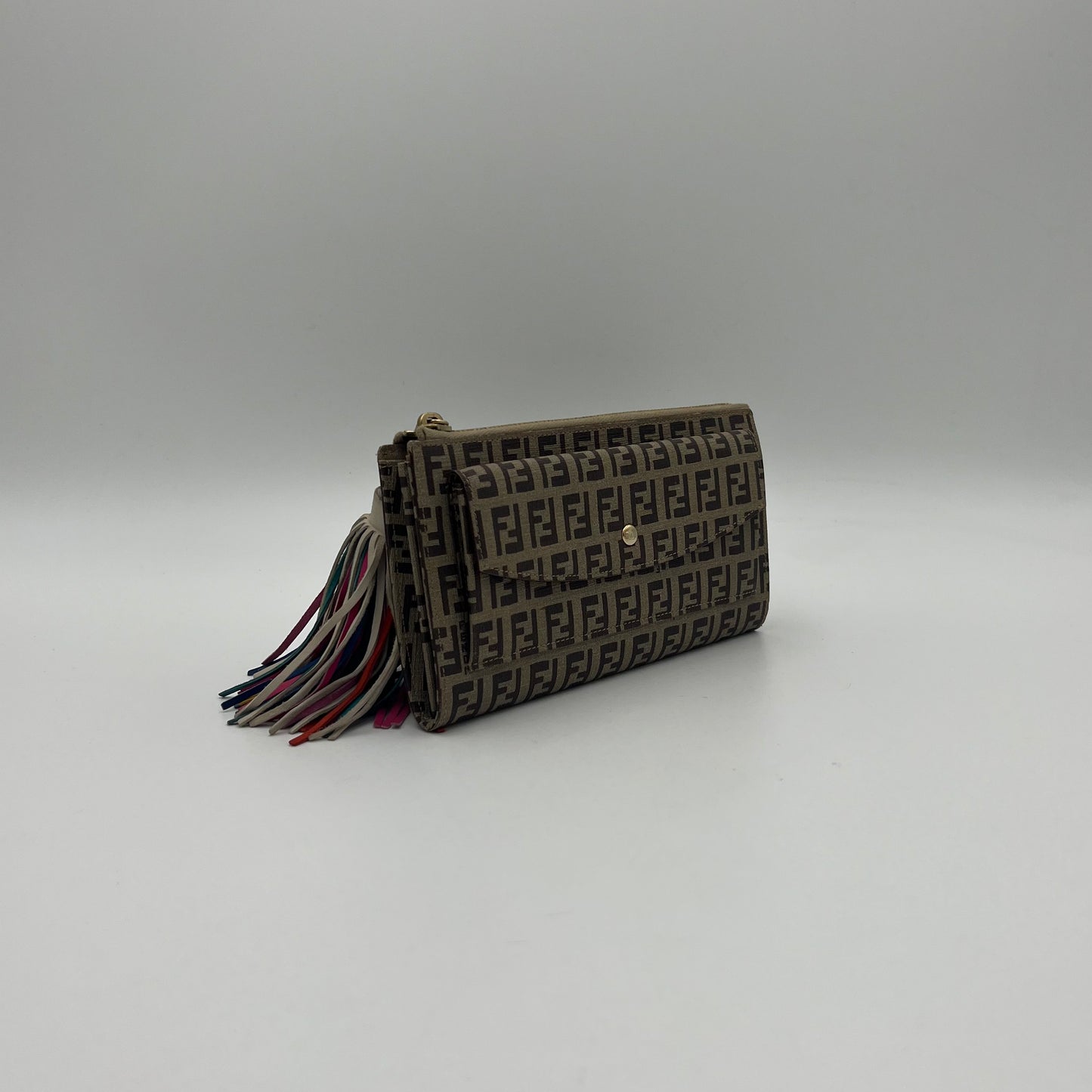 Fendi Brown Zucchino Coated Canvas Multicolor Tassel Long Wallet