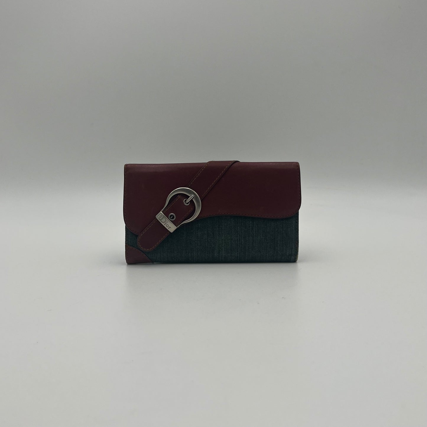 Christian Dior Denim and Burgundy Leather Gaucho Saddle Long Wallet