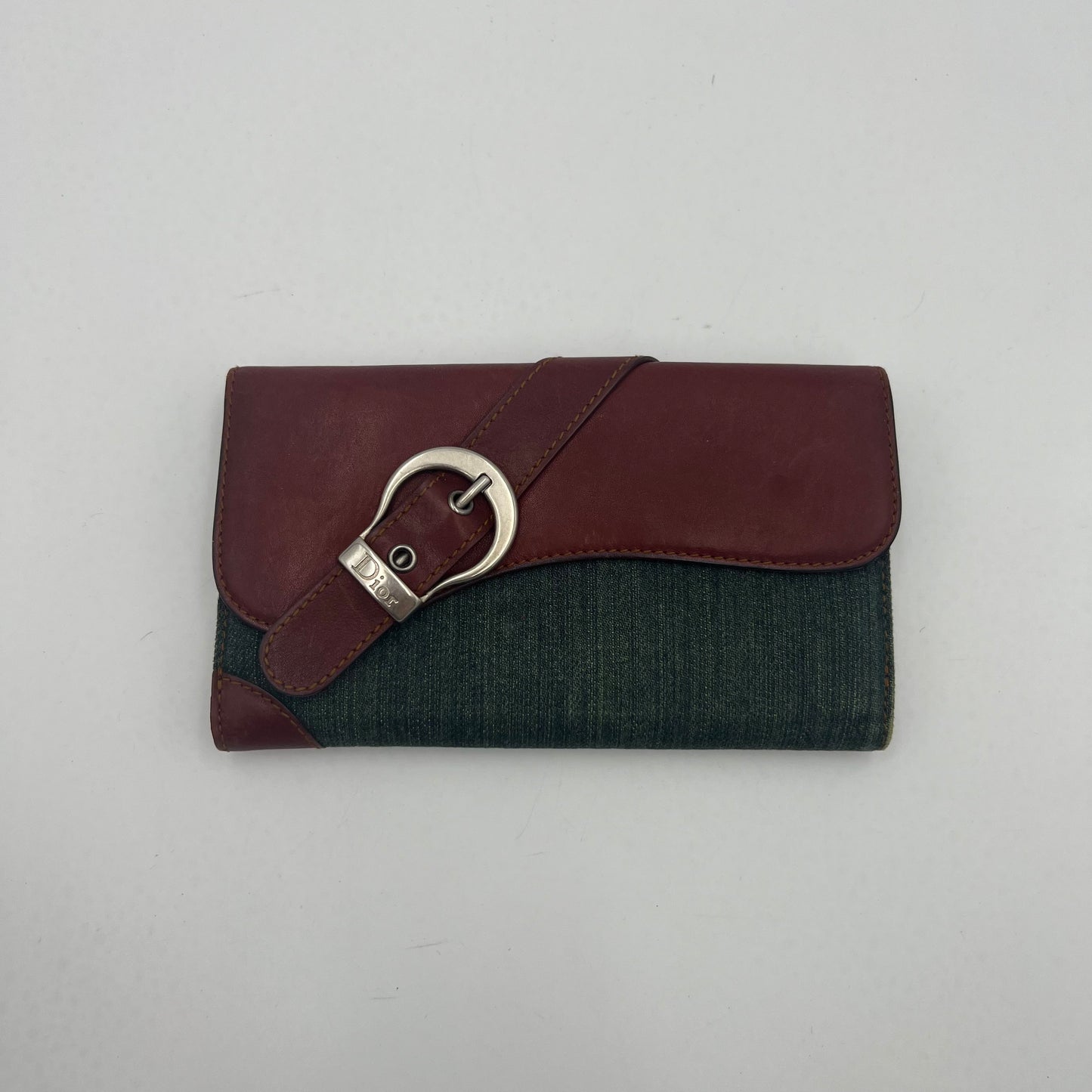 Christian Dior Denim and Burgundy Leather Gaucho Saddle Long Wallet