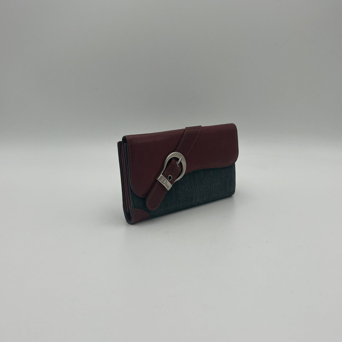 Christian Dior Denim and Burgundy Leather Gaucho Saddle Long Wallet