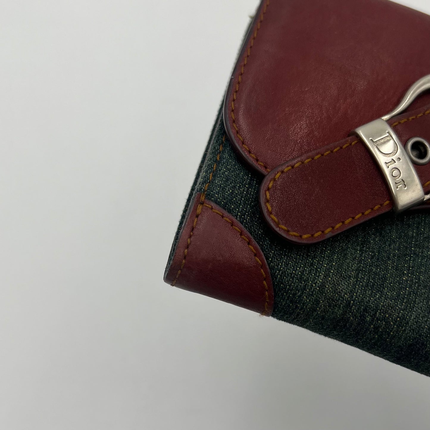 Christian Dior Denim and Burgundy Leather Gaucho Saddle Long Wallet