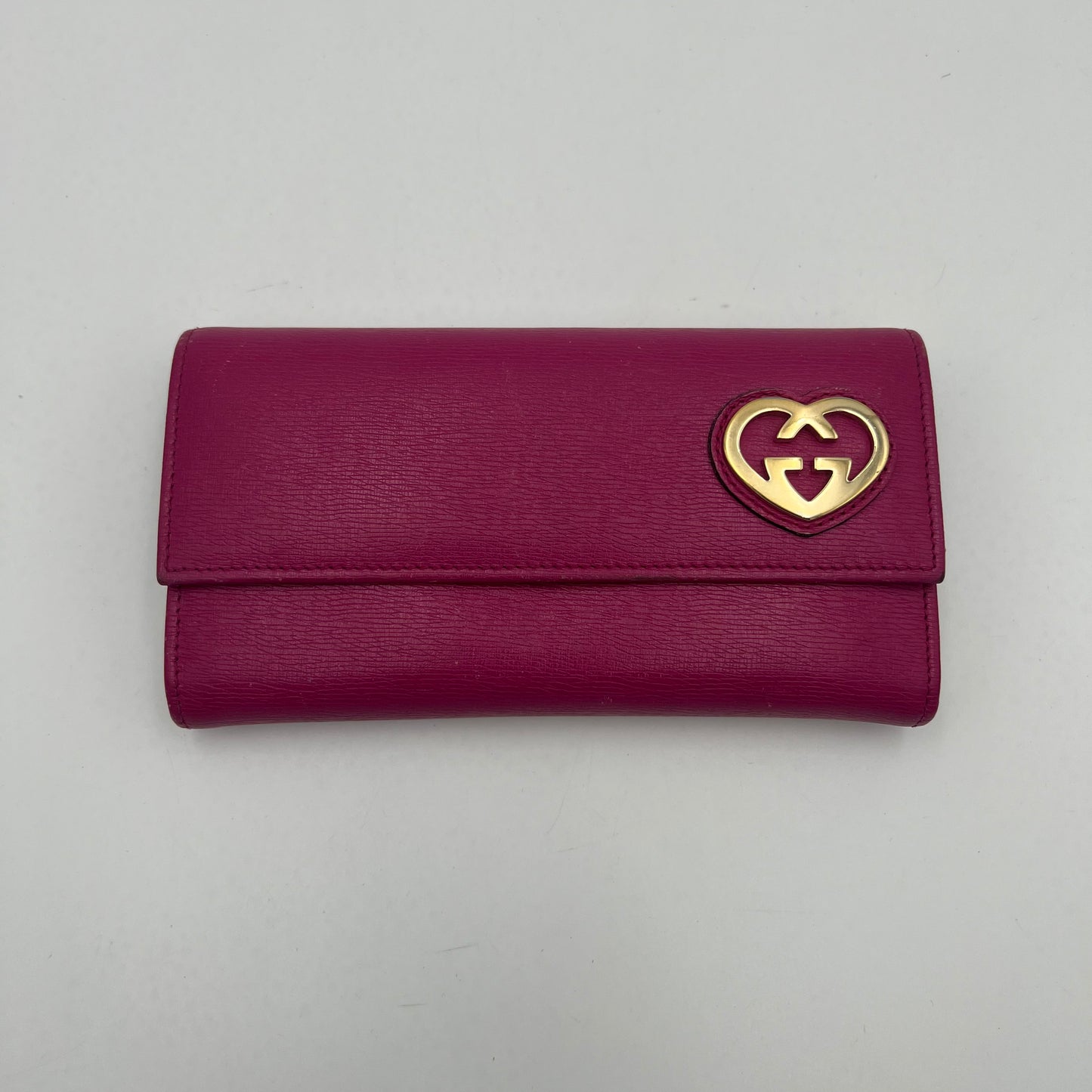 Gucci Magenta Pink Leather Interlocking GG Heart Flap Long Wallet