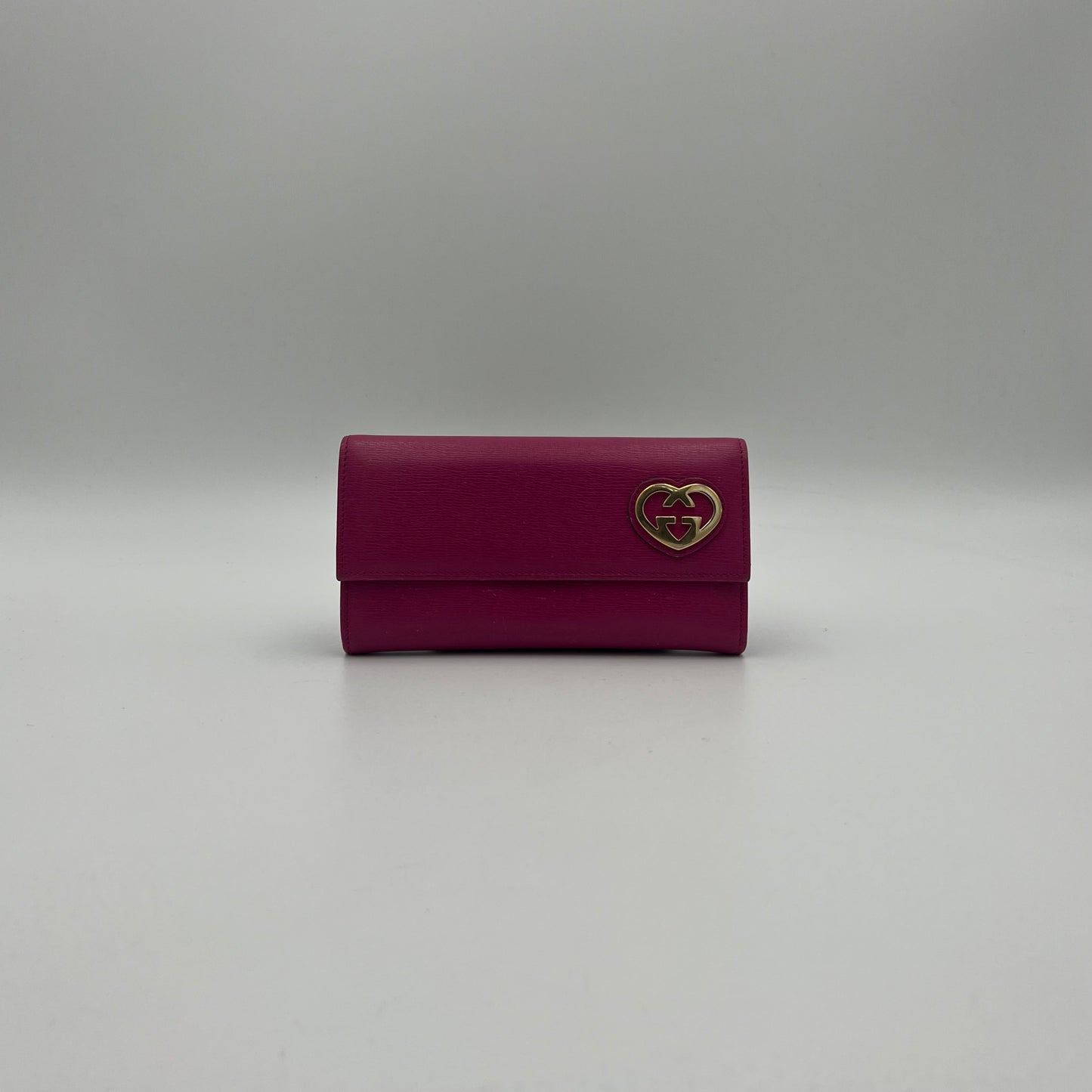 Gucci Magenta Pink Leather Interlocking GG Heart Flap Long Wallet