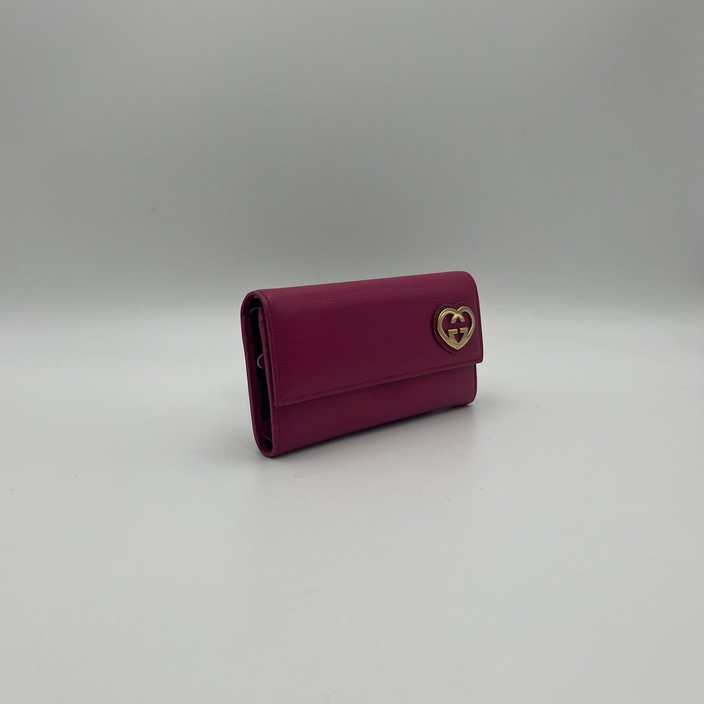 Gucci Magenta Pink Leather Interlocking GG Heart Flap Long Wallet