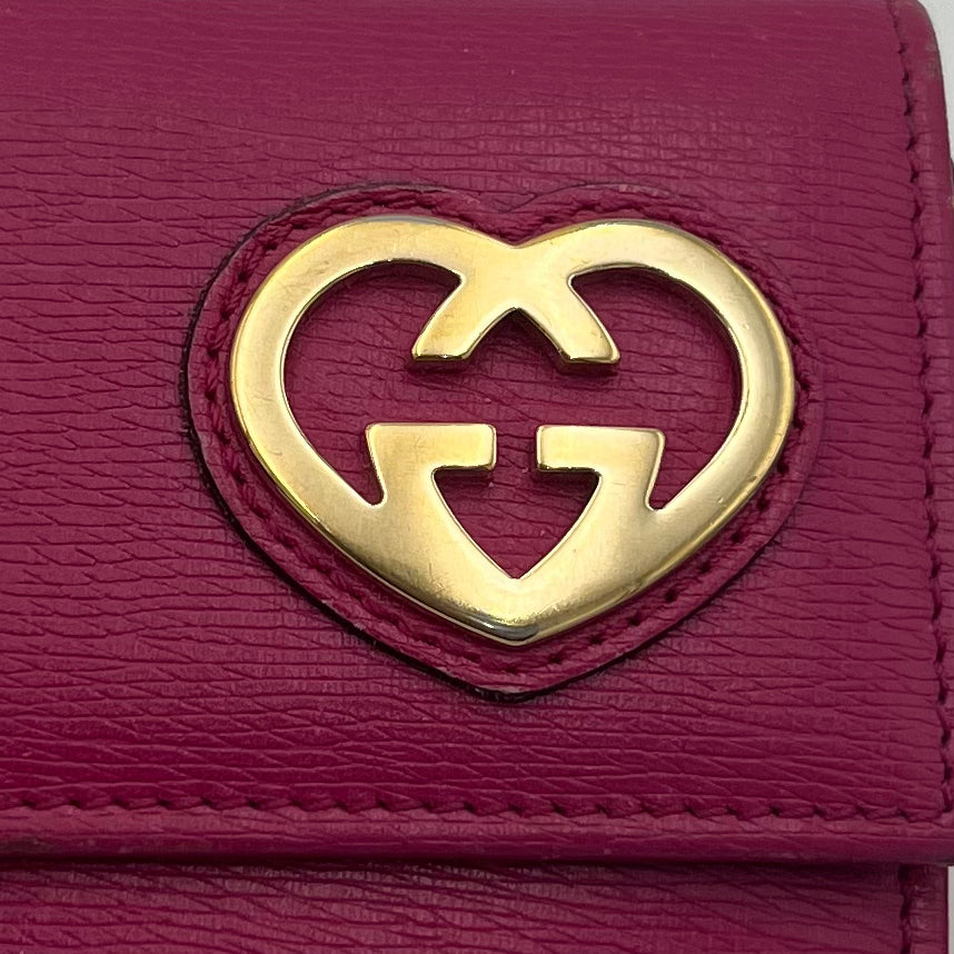Gucci Magenta Pink Leather Interlocking GG Heart Flap Long Wallet